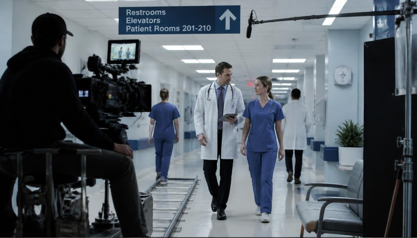 Healthcare film shoot in a hospital corridor with a camera dolly — Pharmaceutical video production in Mumbai