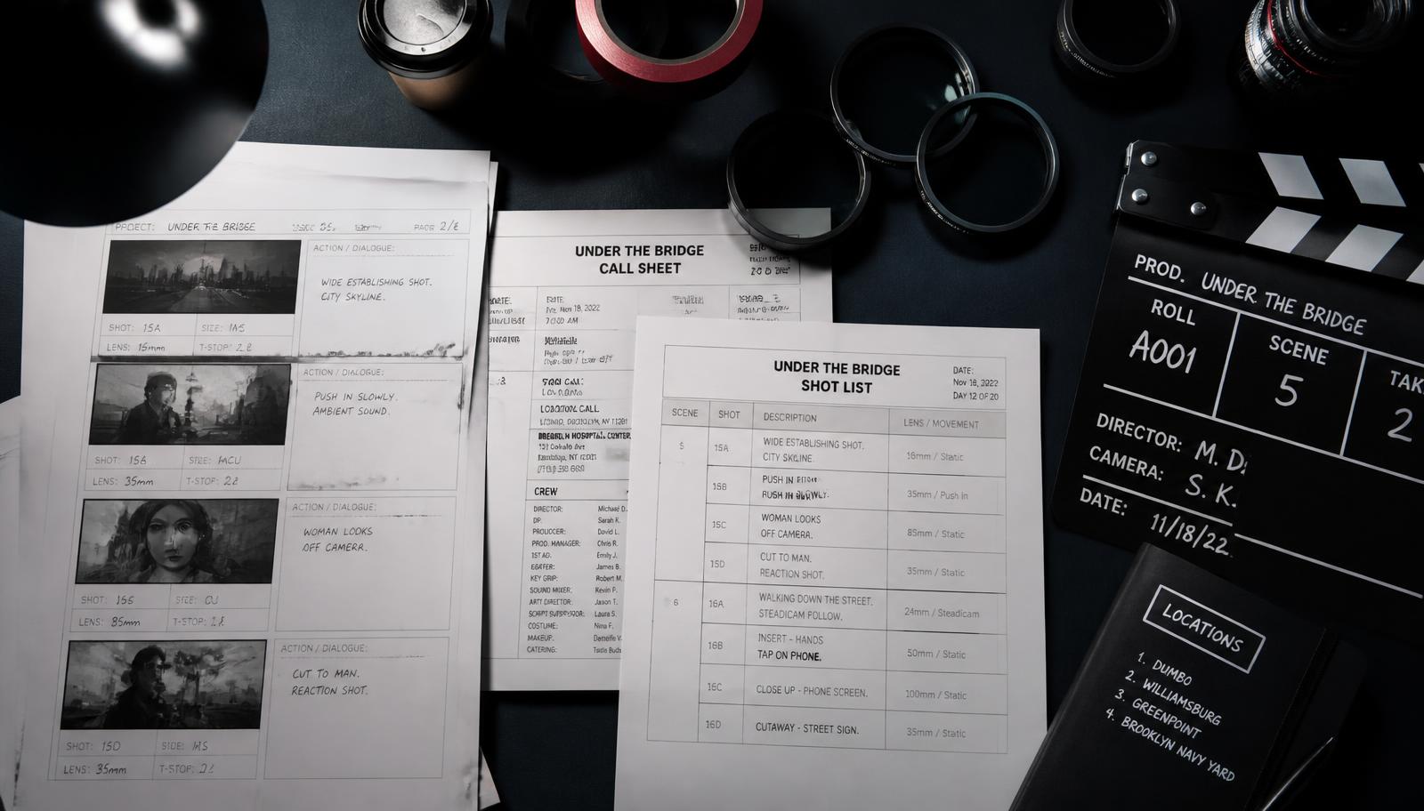 Storyboards, call sheet and shot list laid out on a production desk — Corporate Photography Services for Pharmaceutical in Mumbai