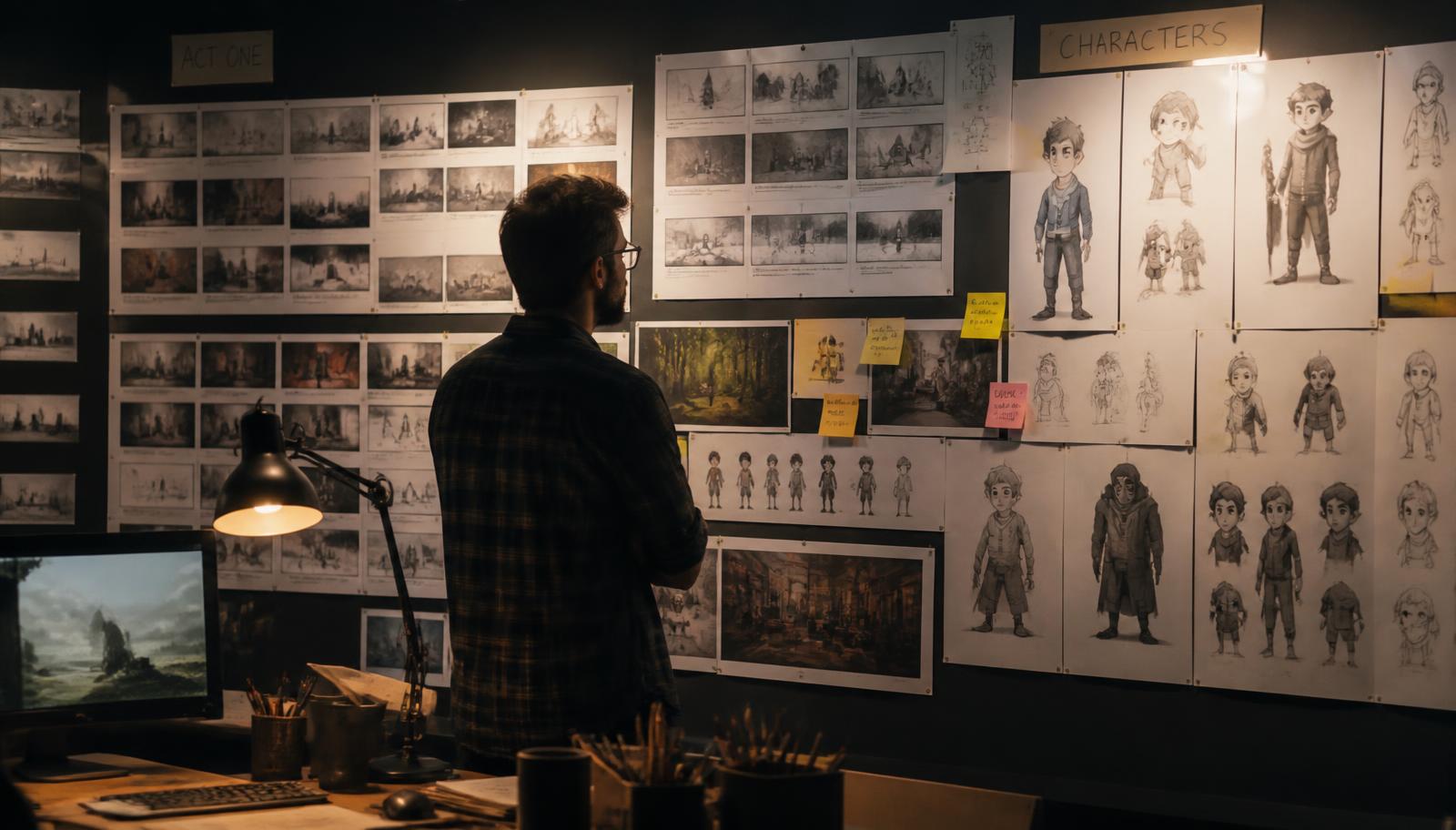 Animation studio wall covered in storyboard and character frames — Explainer Video Production in Mumbai