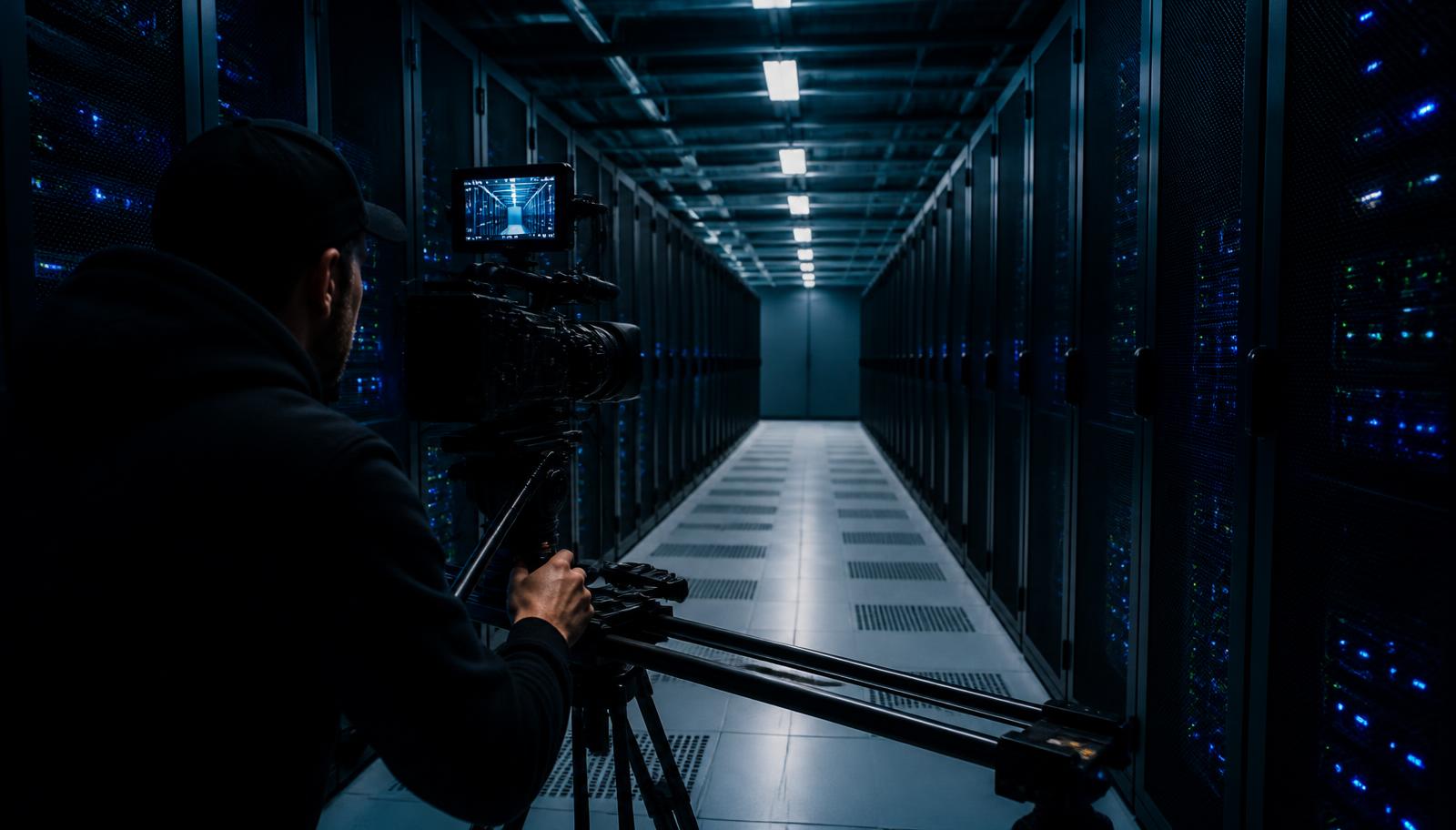 Camera operator filming server racks inside a data centre — 2D Animation Services for Startups in Mumbai