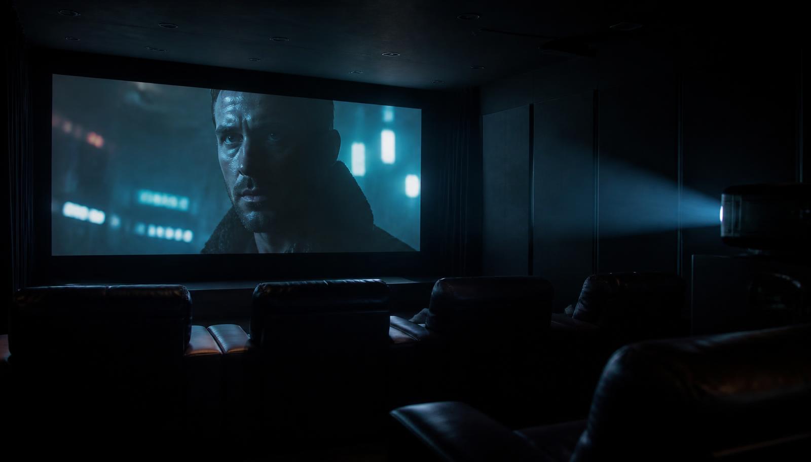 Screening room with a film frame projected on screen — Video Scriptwriting Services for Pharmaceutical in Mumbai