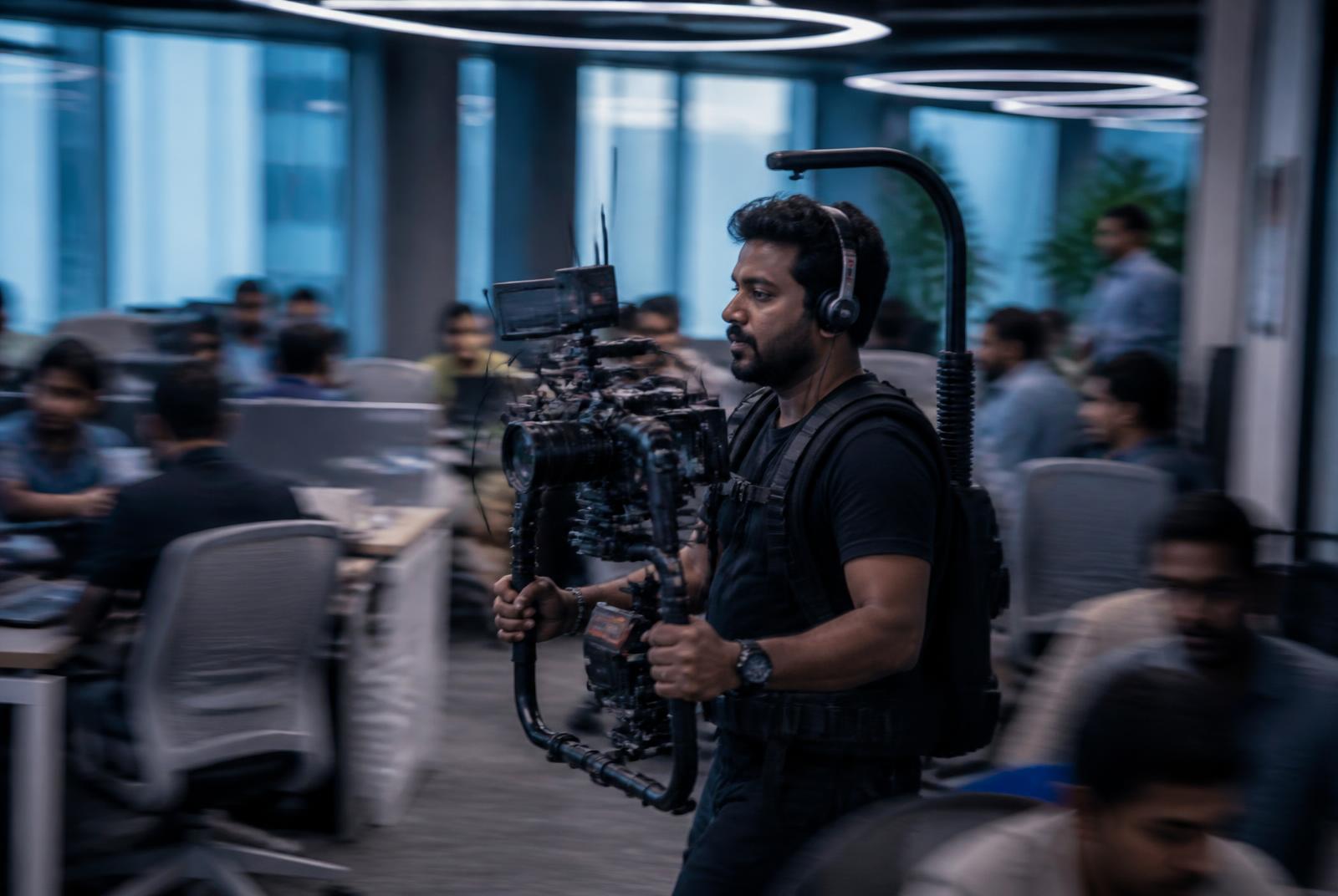 Steadicam operator moving through a busy open-plan office in Mumbai — BFSI video production in Mumbai