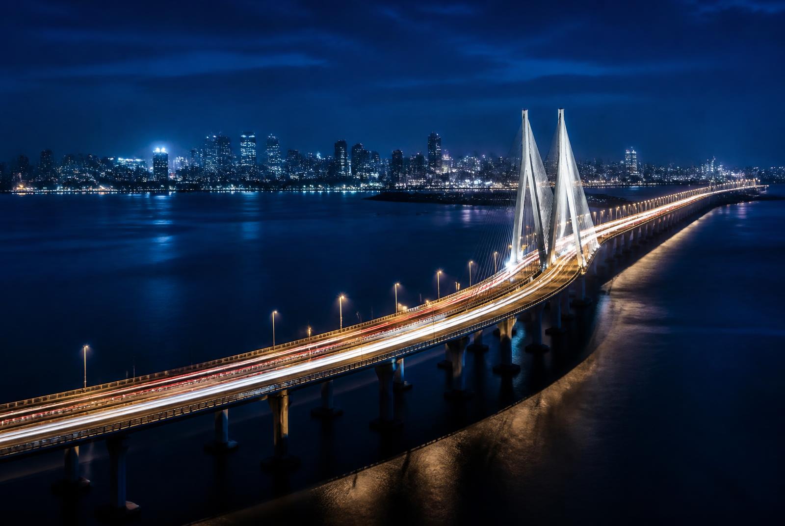 Aerial view of the Bandra Worli Sea Link at blue hour with traffic light trails — Drone Videography Services in Mumbai