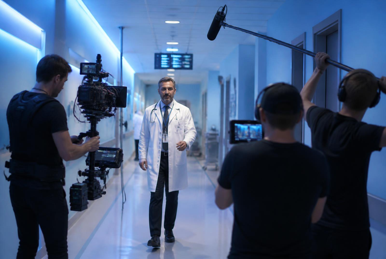 Small crew filming a doctor walking down a hospital corridor — Pharmaceutical video production in Mumbai