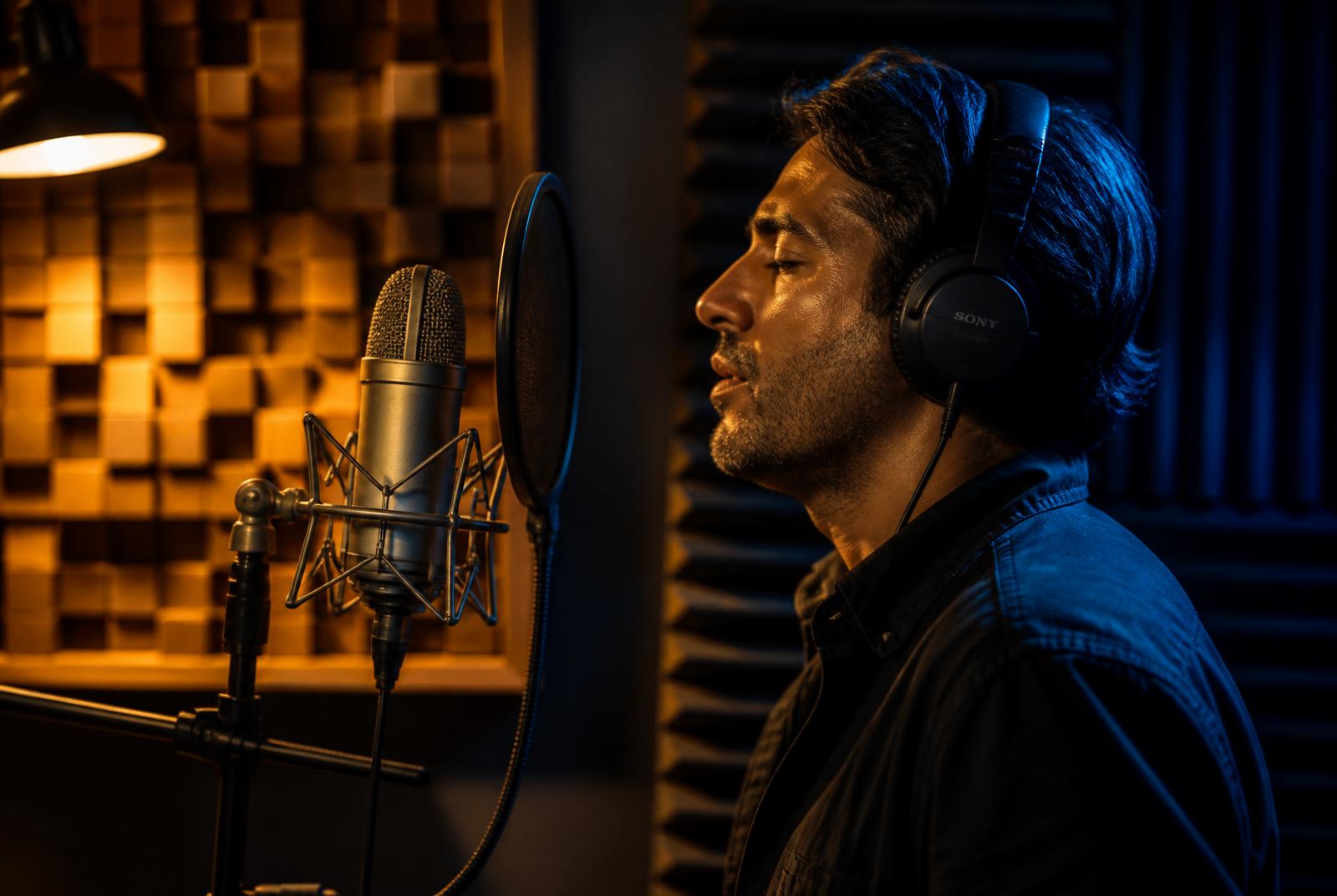 Voice artist recording in a treated booth on a large diaphragm microphone — Voice Over Services in Mumbai