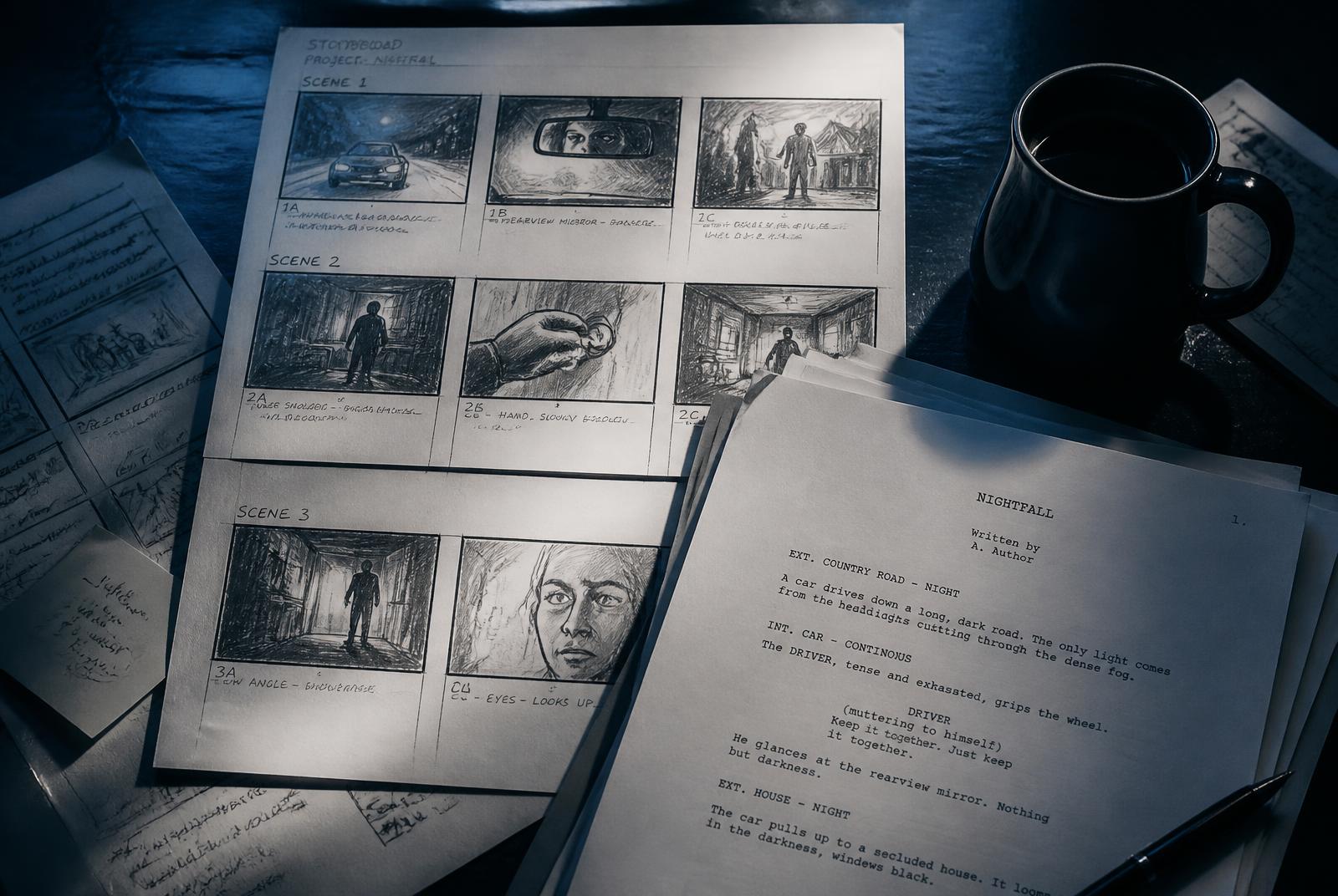 Hand drawn storyboard pages and a script laid out on a desk — Video Marketing Strategy in Mumbai