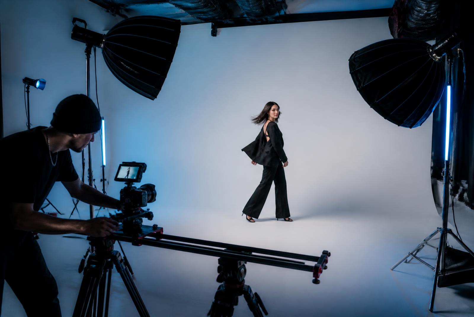 Fashion e-commerce video shoot on a white cyclorama with a camera slider — TV Commercial Production in Mumbai