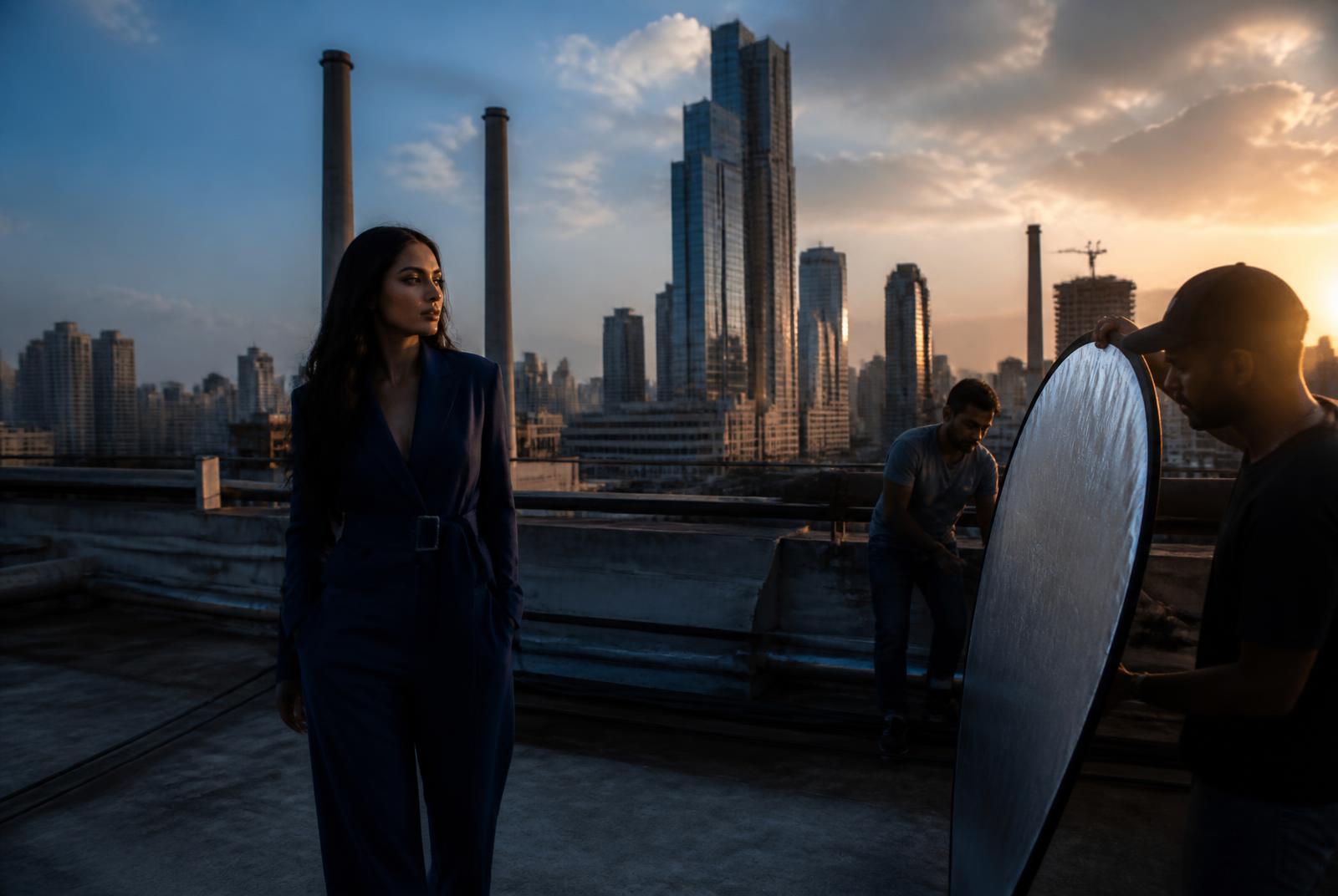 Rooftop shoot at golden hour in Lower Parel with the Mumbai skyline behind — Borivali, Mumbai