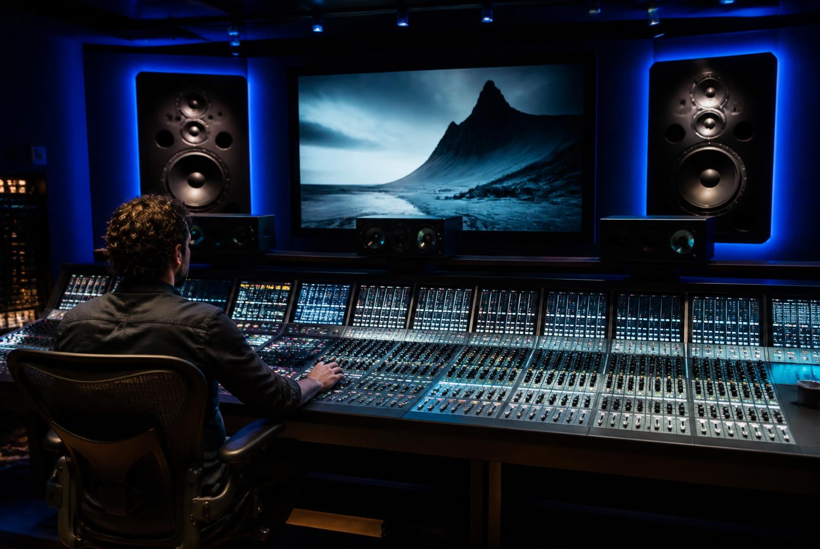 Sound engineer at a large mixing console in a film sound suite — Voice Over Services in Mumbai