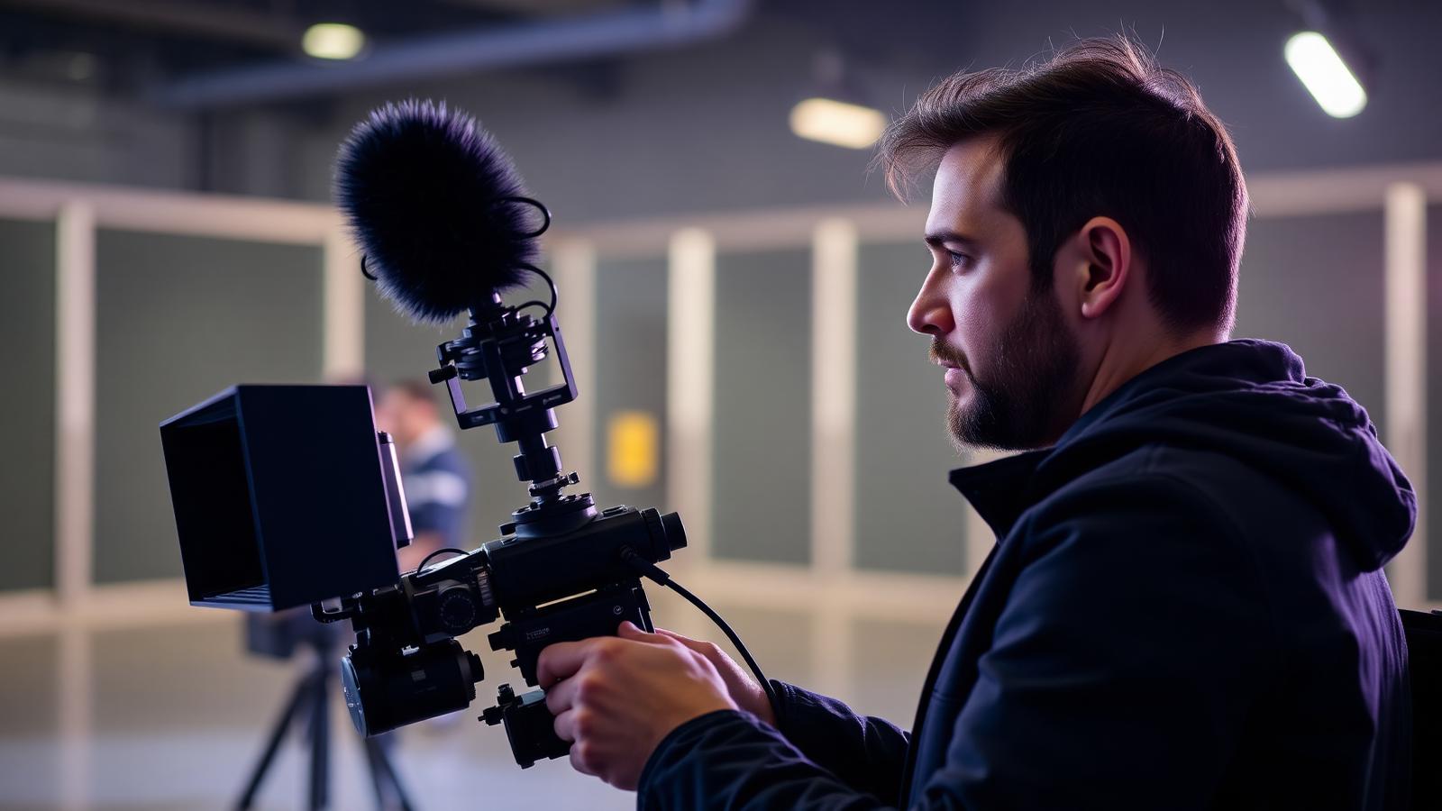 Sound recordist holding a boom microphone on a corporate film set — BFSI video production in Mumbai
