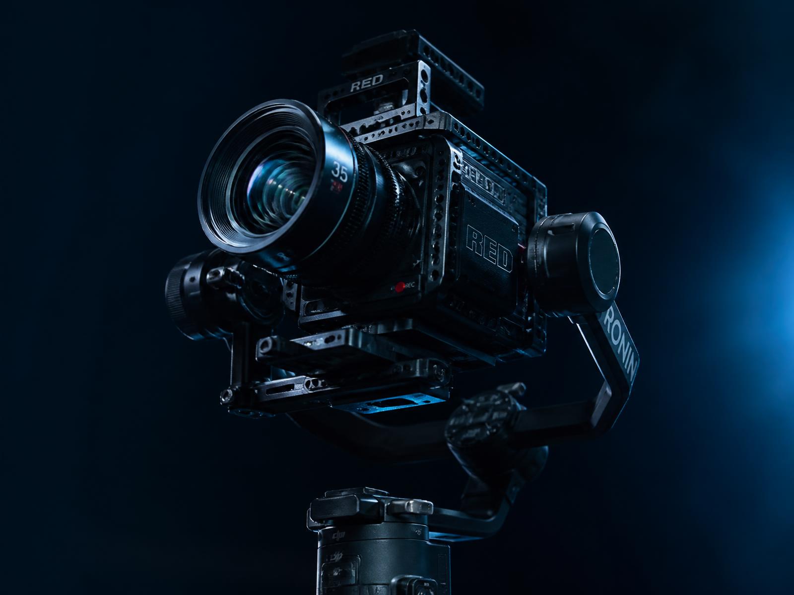 Cinema camera mounted on a three-axis gimbal stabiliser