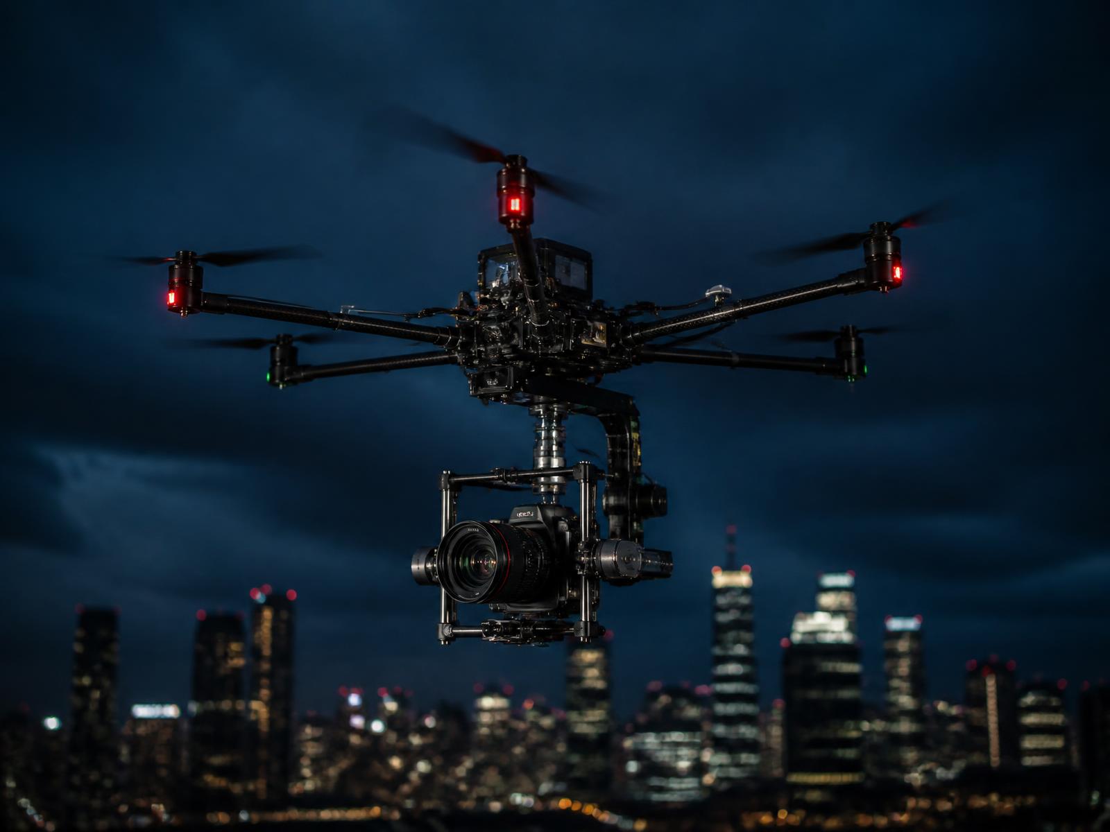 Heavy-lift camera drone carrying a cinema camera over a city at dusk