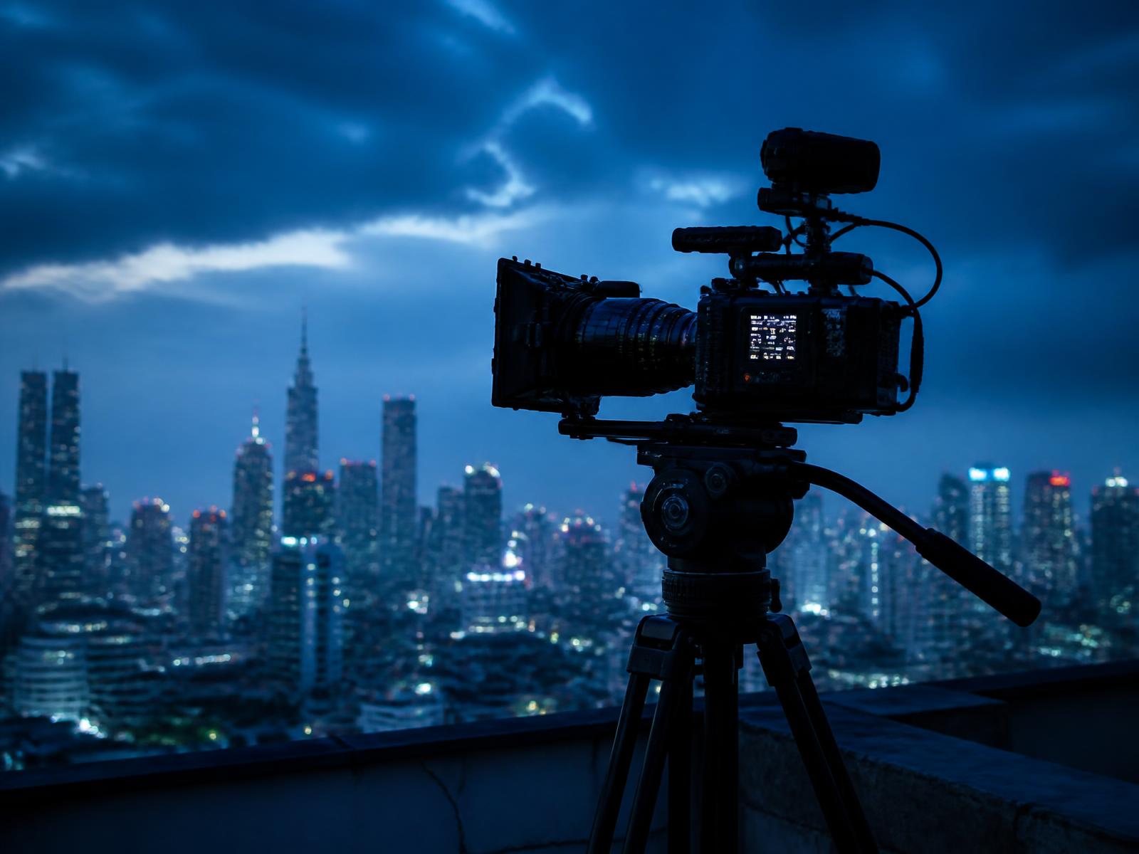 Cinema camera on a tripod overlooking the Mumbai skyline at blue hour