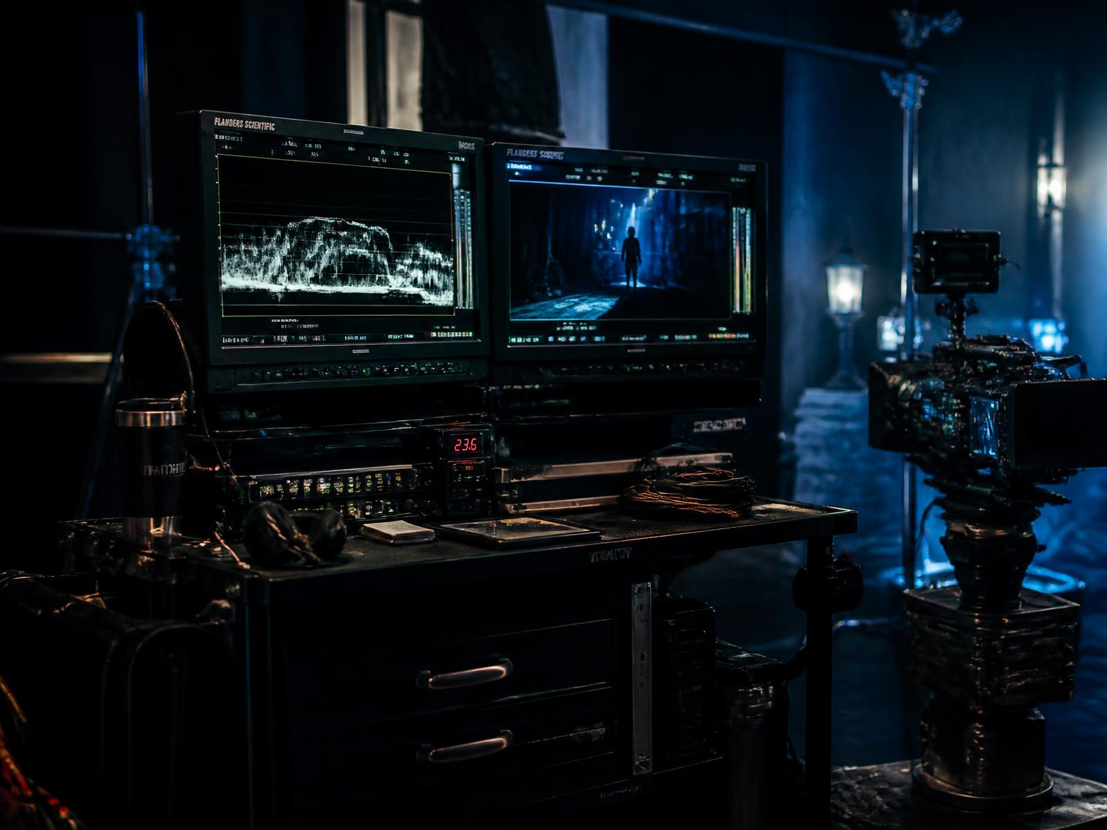 DIT cart with calibrated reference monitors showing waveform scopes