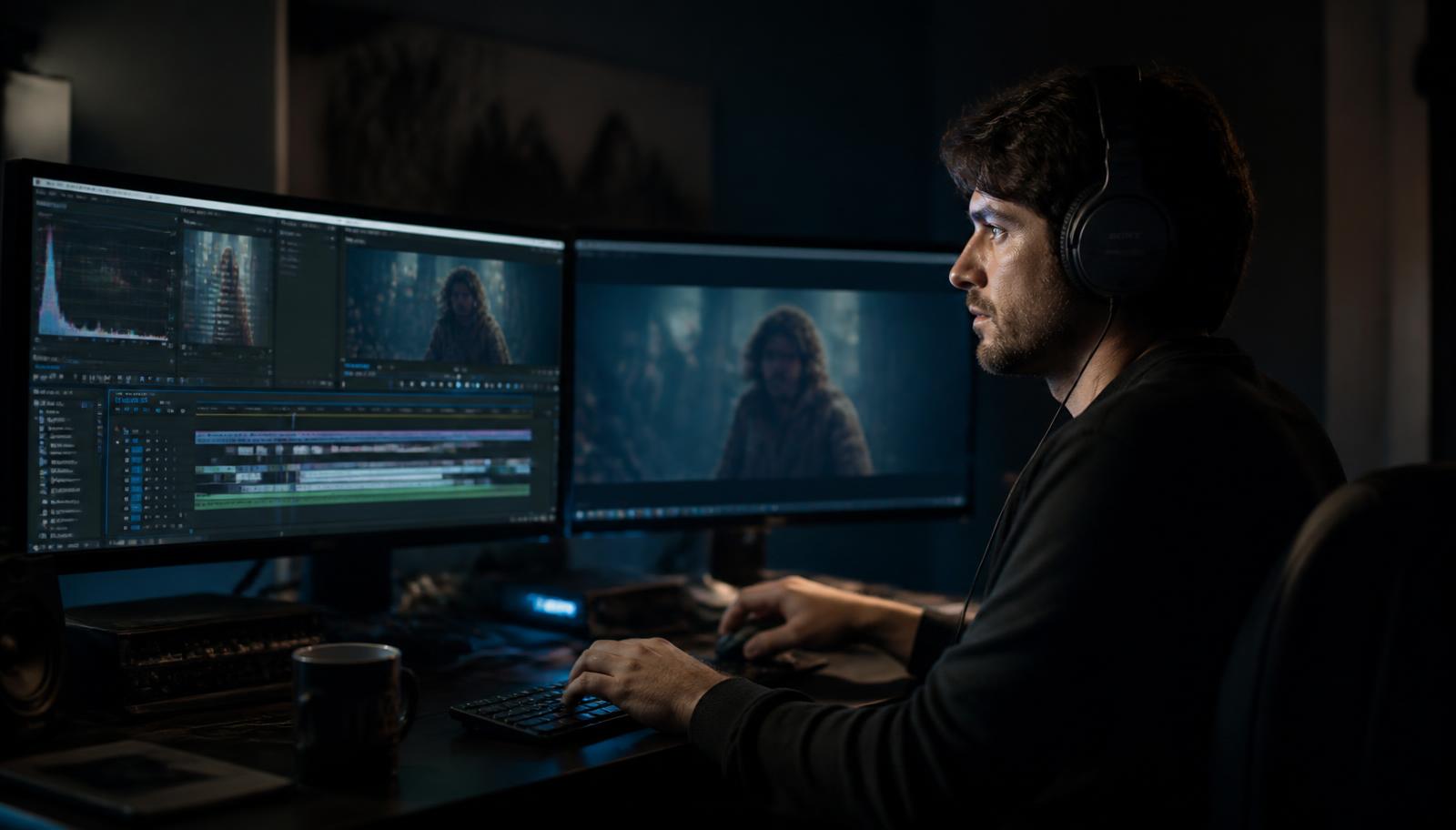 Video editor working at a dual-monitor edit bay