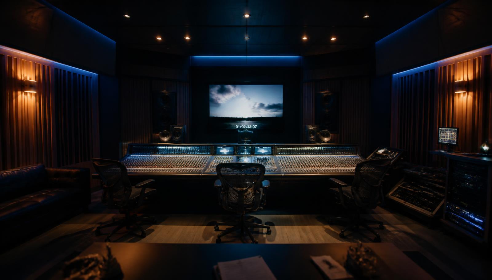 Audio mix stage with a large mixing console