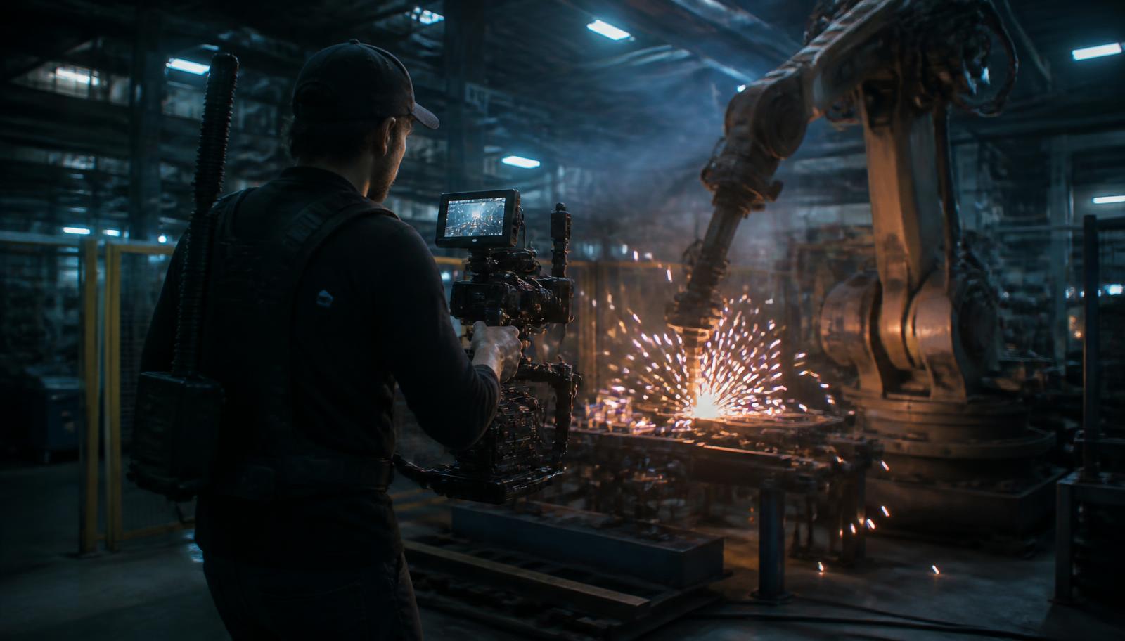 Camera operator filming automated machinery on a factory floor