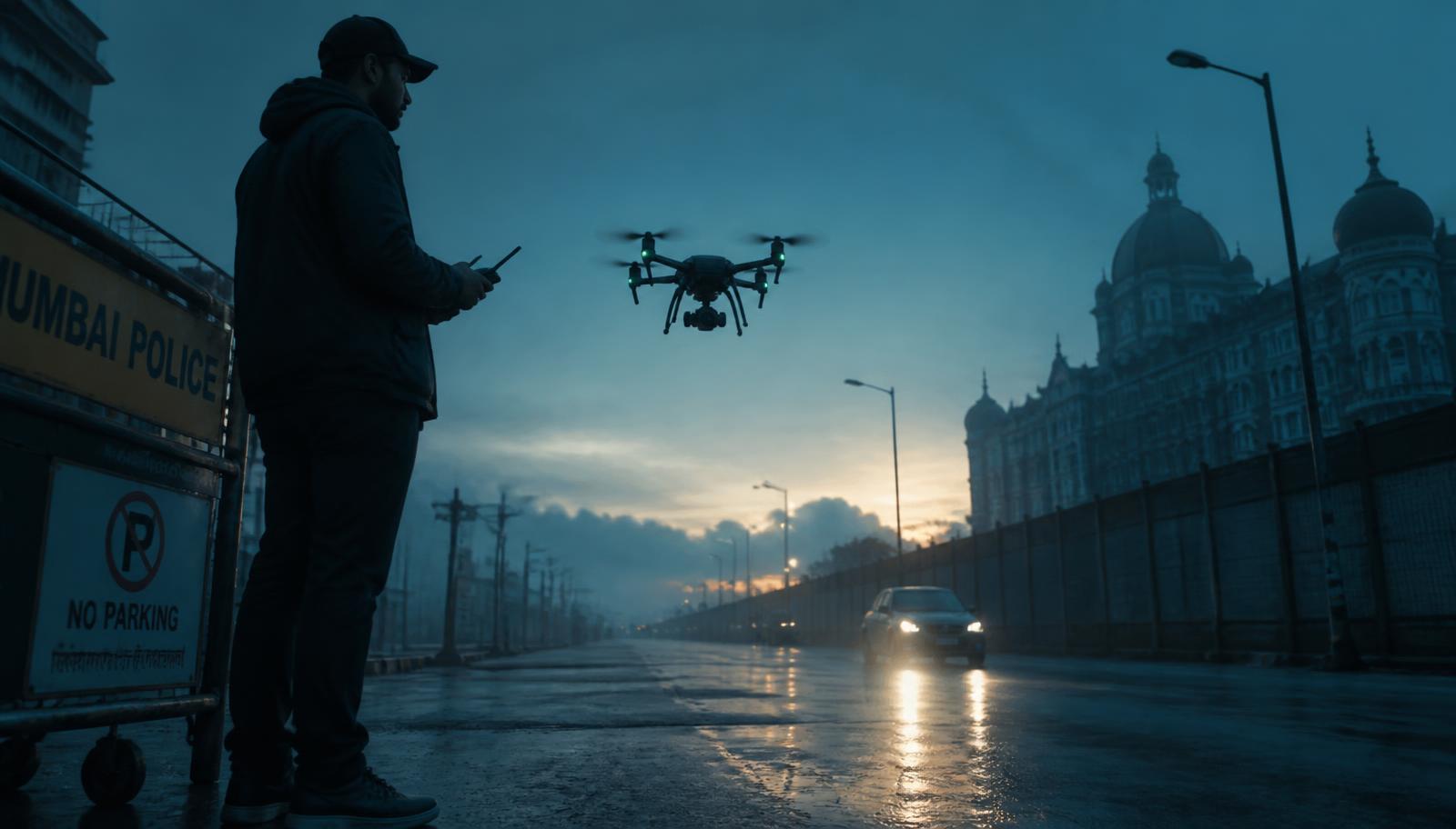 Drone operator flying a camera drone on a Mumbai street at dawn — Real Estate video production in Mumbai