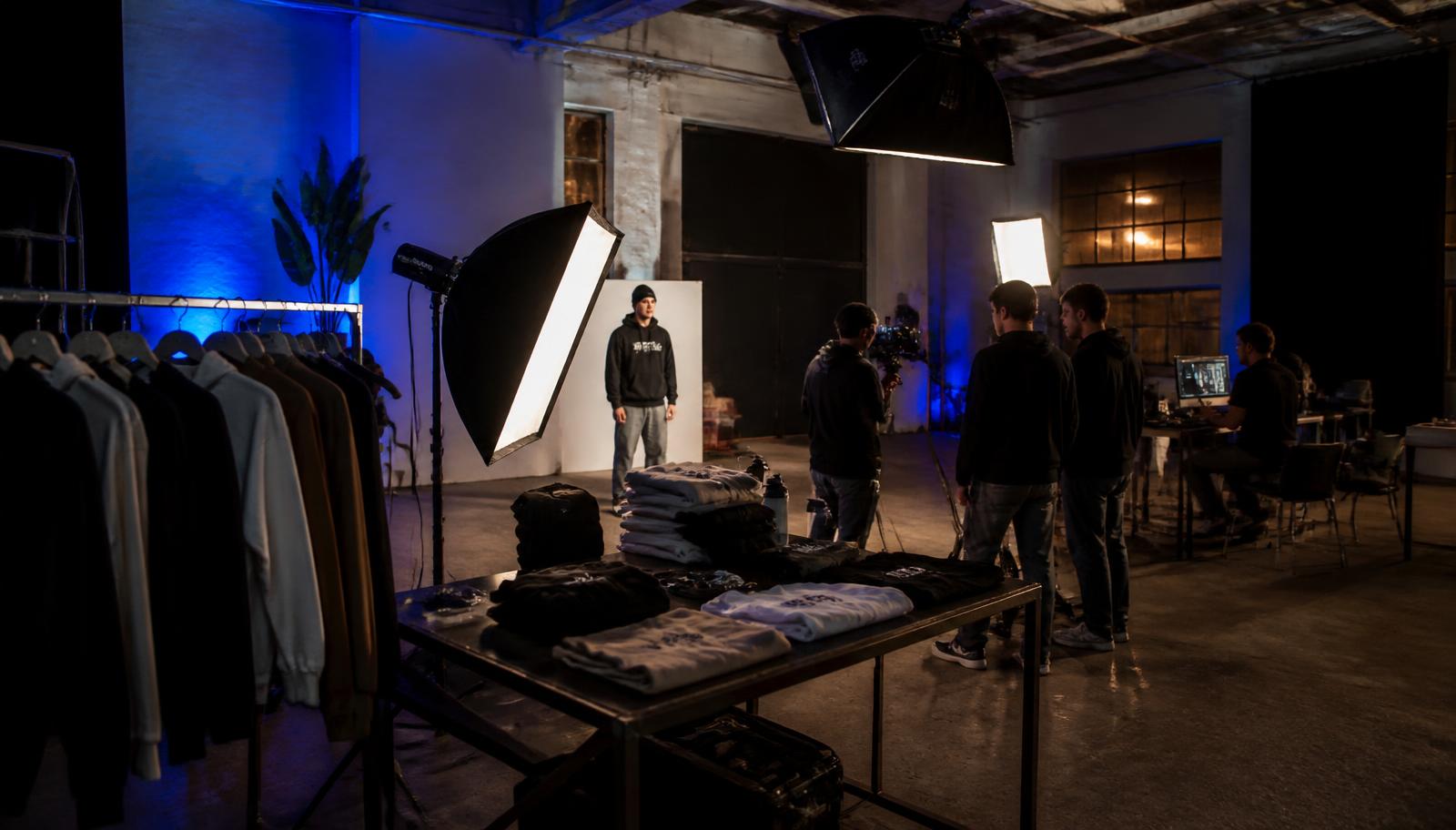 Apparel brand film shoot inside a converted warehouse studio — Textiles and Apparel video production in Mumbai