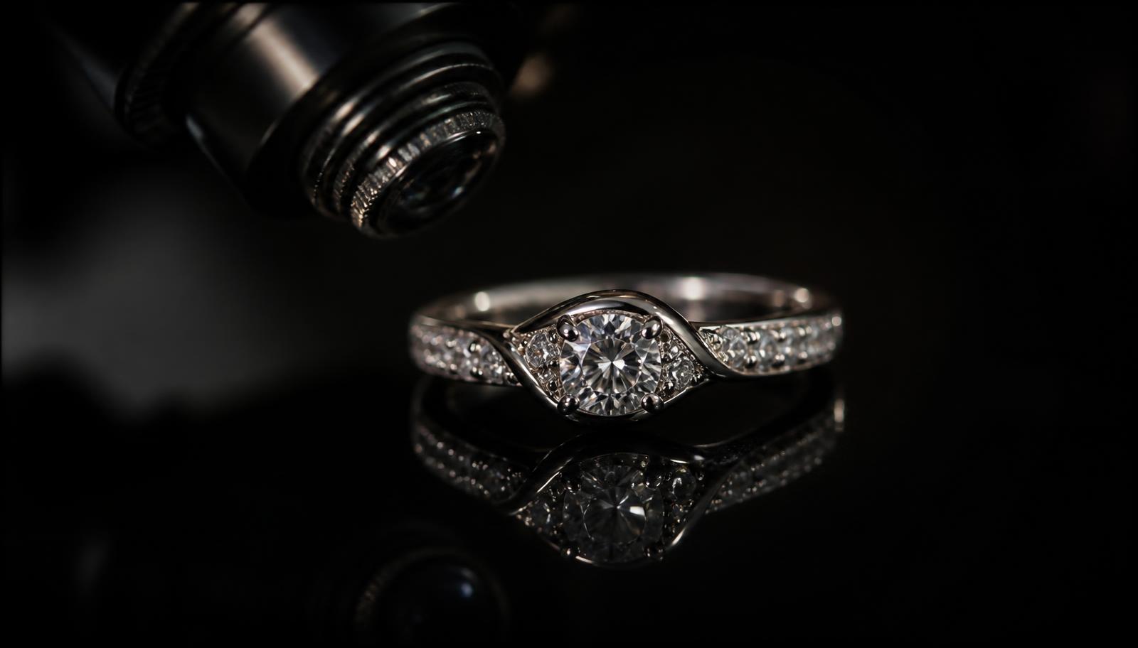 Macro jewellery shot of a diamond ring on a reflective surface — Jewellery video production in Mumbai