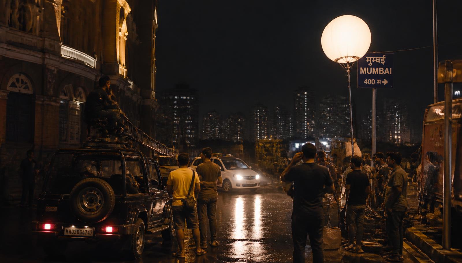 Night exterior film unit on a wet Mumbai street with a lighting balloon — Sion, Mumbai