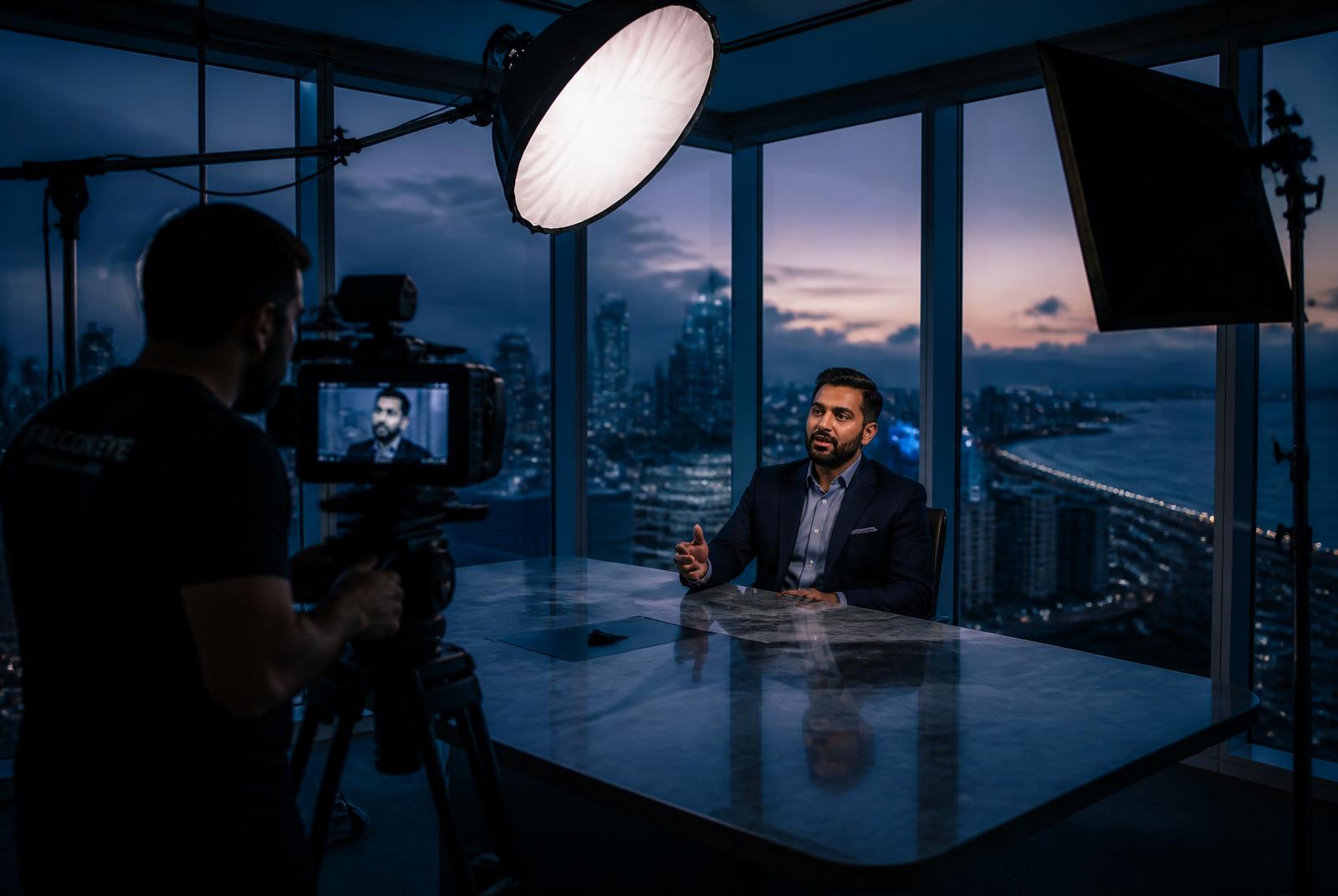 Corporate interview being filmed in a glass boardroom above the Mumbai skyline at dusk — Testimonial Video Production in Mumbai