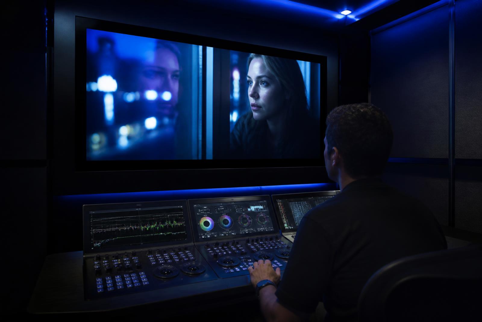 Colourist working at a grading panel in front of a large reference monitor — Video Editing Services in Mumbai