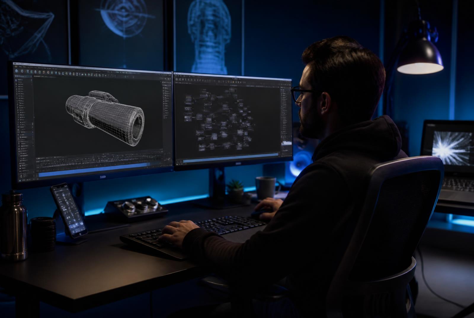 3D motion design artist building a product animation on dual monitors — 2D Animation Services in Mumbai