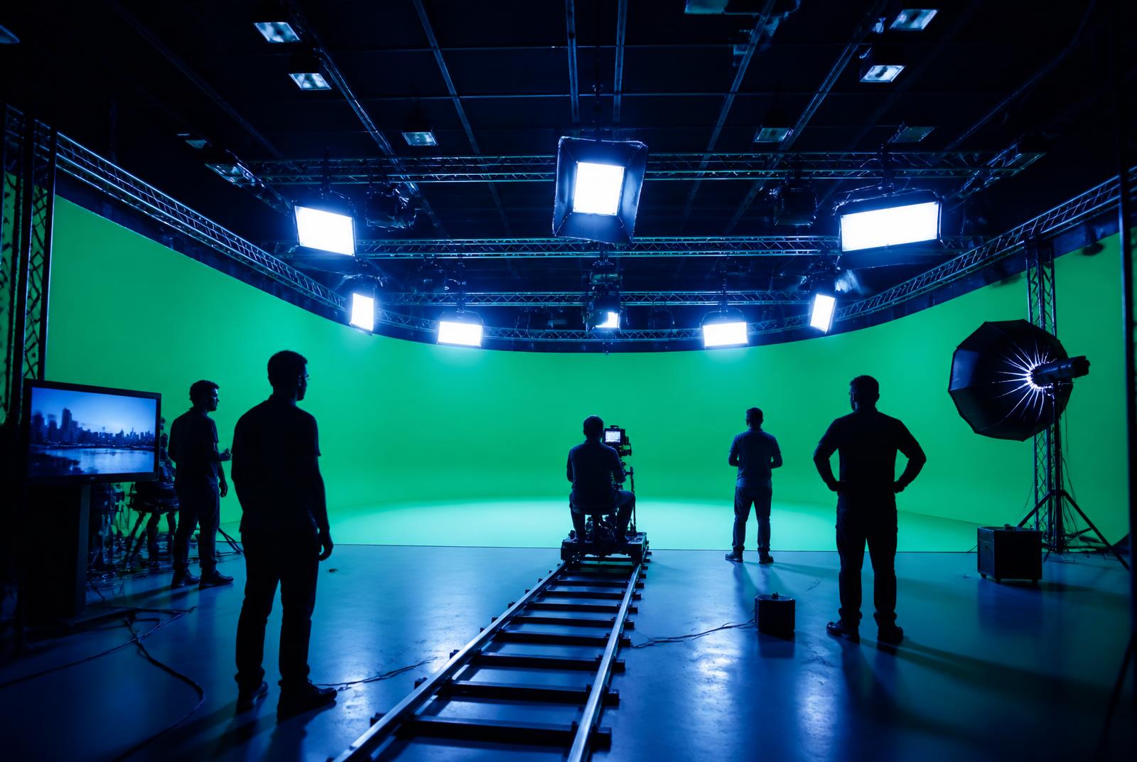 Large green screen studio with lighting grid, dolly track and crew — Explainer Video Production in Mumbai