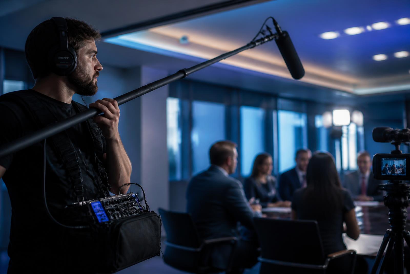 Sound recordist with a boom microphone and field mixer on a corporate shoot — FMCG video production in Mumbai