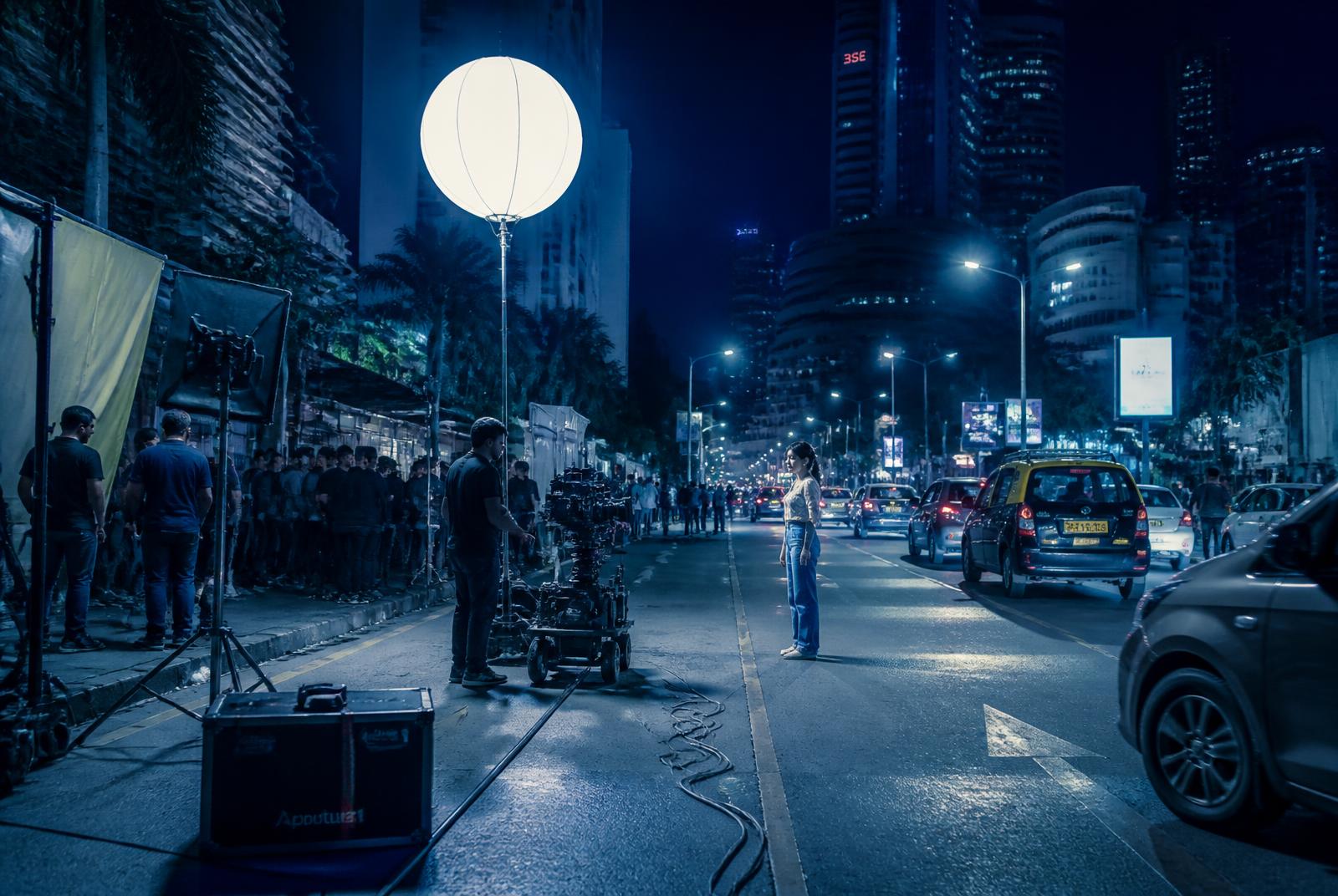 Night shoot on a Mumbai street with a lighting balloon and full crew — Sion, Mumbai