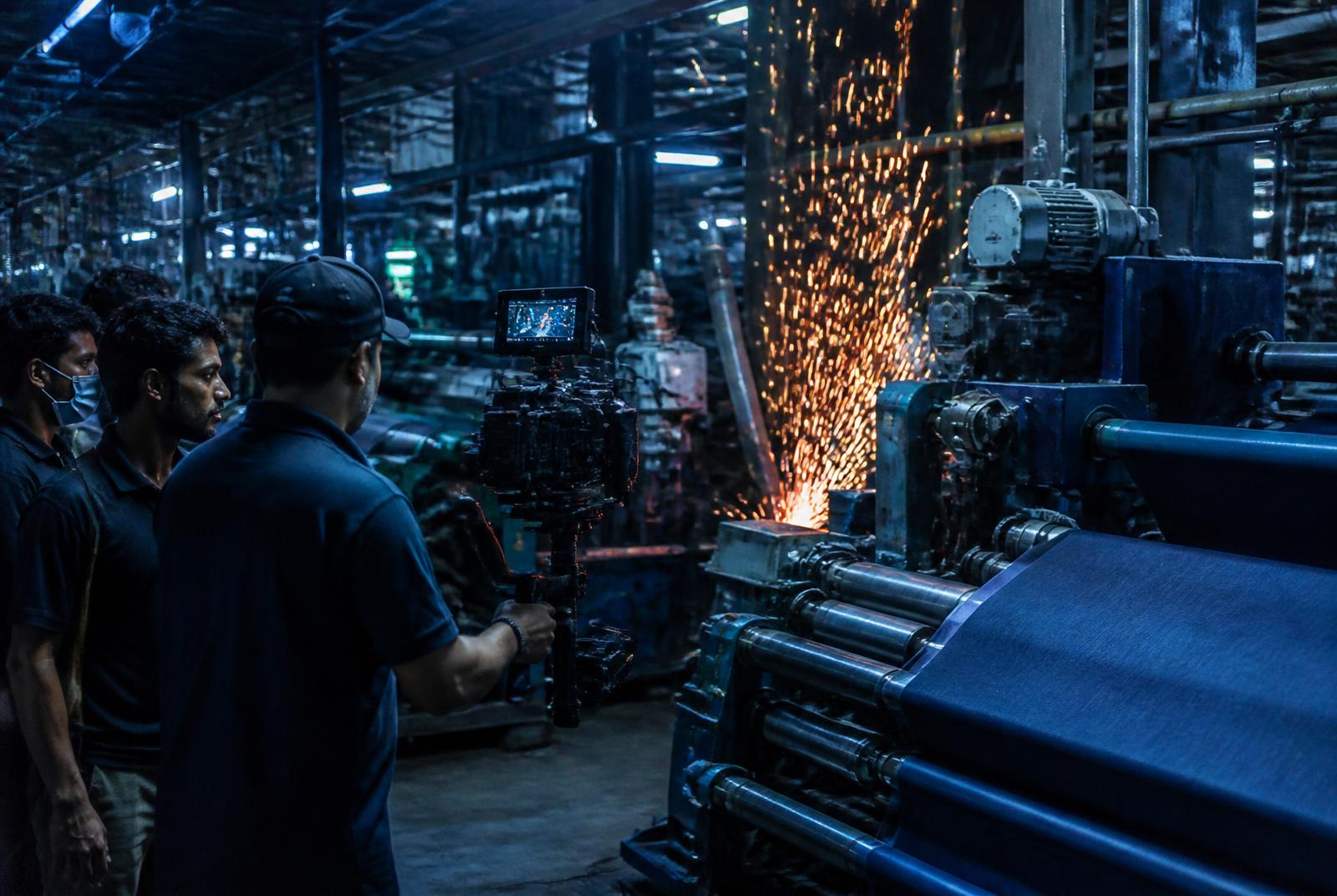 Crew filming machinery and sparks on a Mumbai manufacturing floor — Bhandup, Mumbai