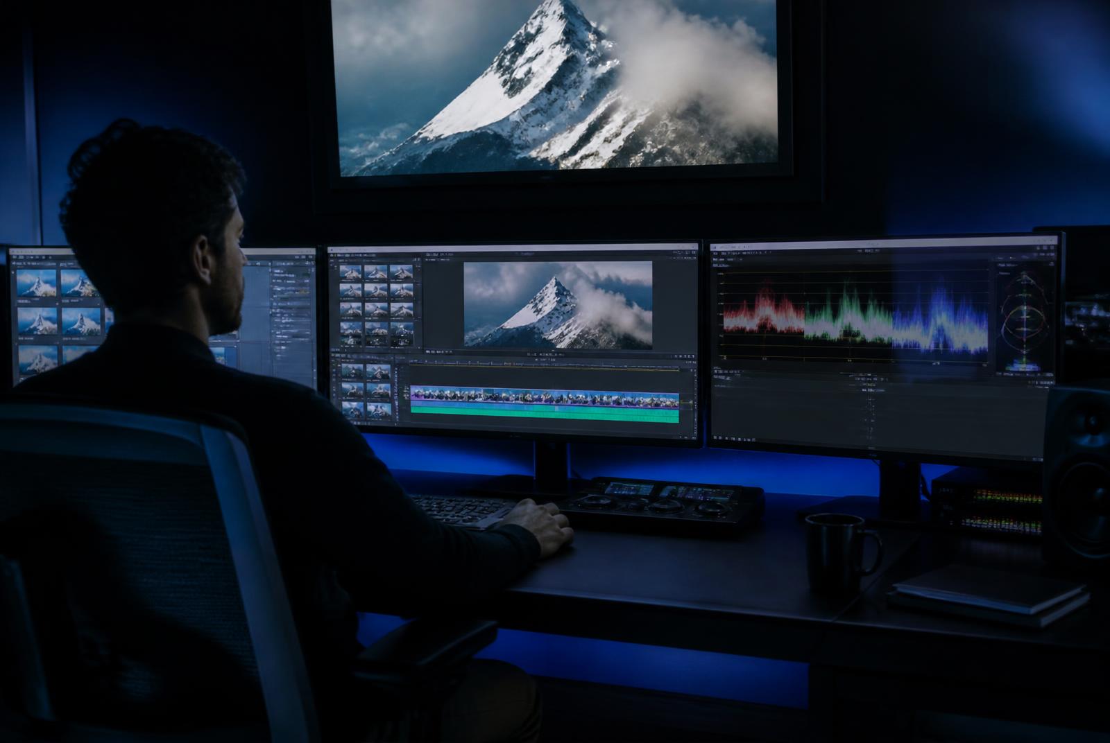Editor working at a multi-monitor edit bay with timeline and scopes — Video Editing Services in Mumbai