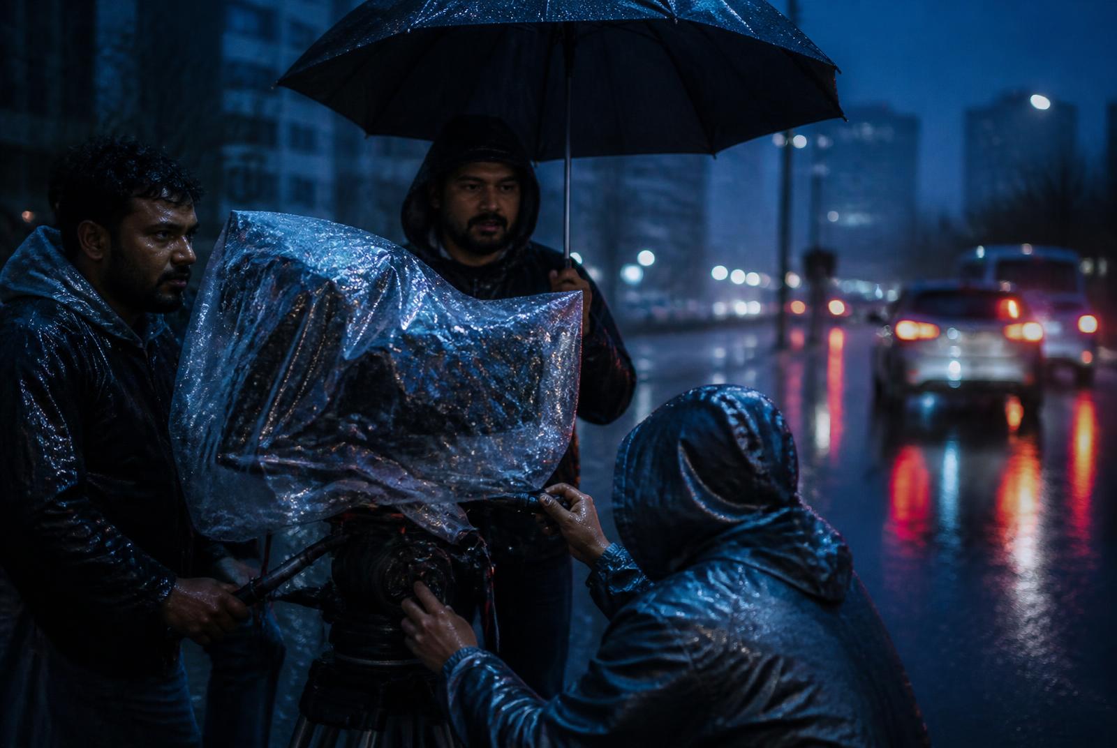 Crew shooting in the Mumbai monsoon with rain covers over the camera — Sion, Mumbai