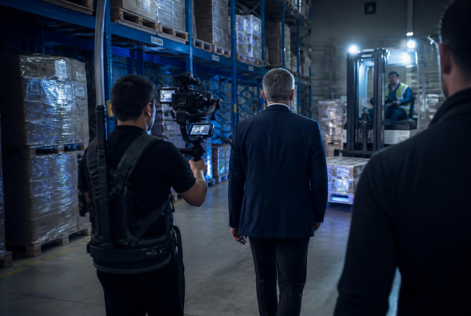 Gimbal operator following an operations manager through a logistics warehouse — Bhandup, Mumbai
