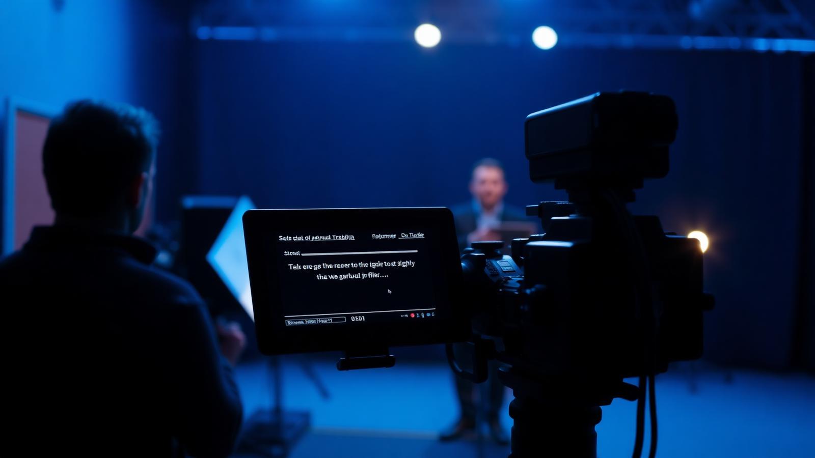 Teleprompter rig set in front of a cinema camera with a presenter behind — Education video production in Mumbai