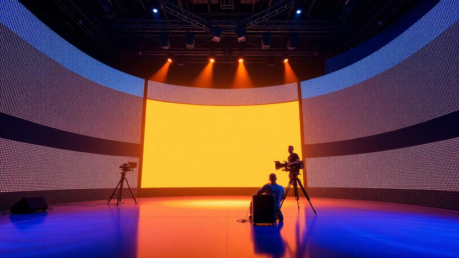 LED volume virtual production stage with a curved wall and camera crew — Media and Entertainment video production in Mumbai